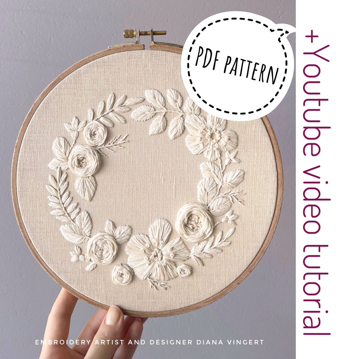 "Cream flower wreath" pdf pattern 20 cm (8") + video tutorial