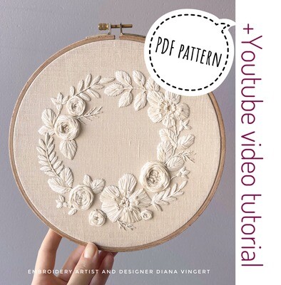 "Cream flower wreath" pdf pattern 20 cm (8") + video tutorial