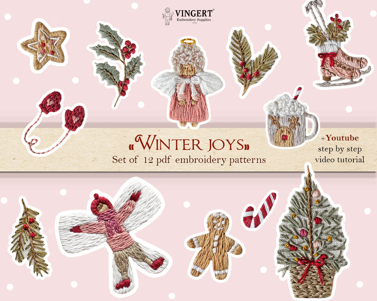 "Winter joys" 12 elements - PDF pattern for Christmas embroidery + video tutorial