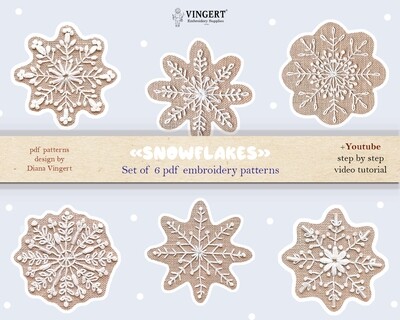 "Snowflakes" - 6 elements - 4 inch (10 cm) - PDF patterns for Christmas embroidery + video tutorials