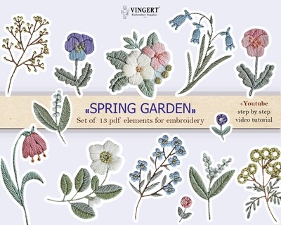 "Spring garden" set of 13 PDF patterns for flower embroidery + video tutorial