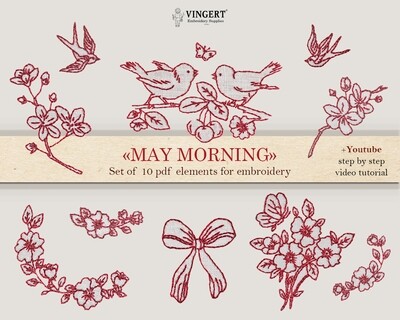 "May morning. Redwork" embroidery pattern of 10 elements + video tutorial