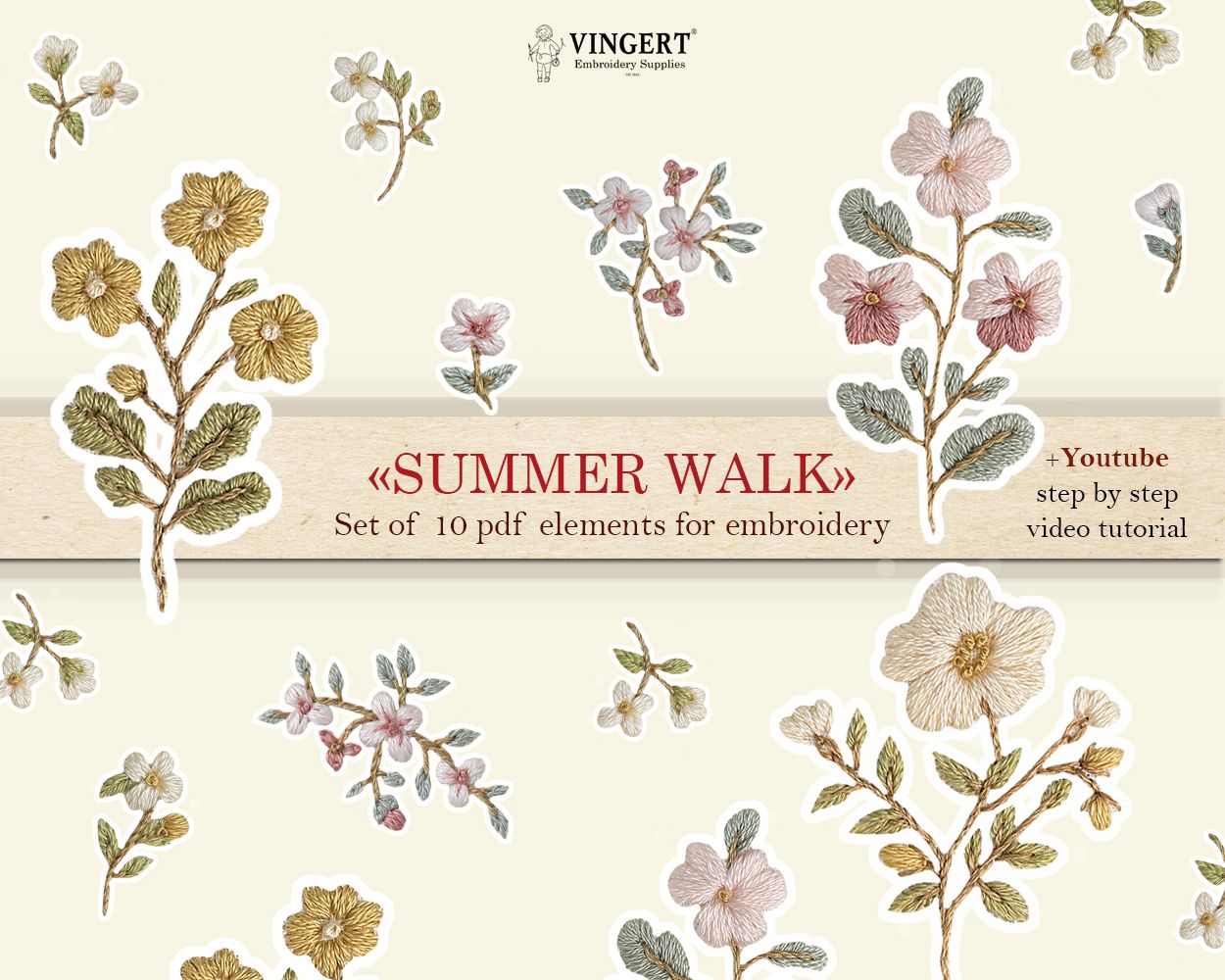 &quot;Summer walk&quot; set of embroidery patterns | 10 elements | video tutorial