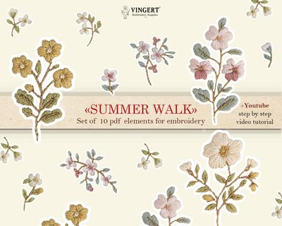 &quot;Summer walk&quot; set of embroidery patterns | 10 elements | video tutorial