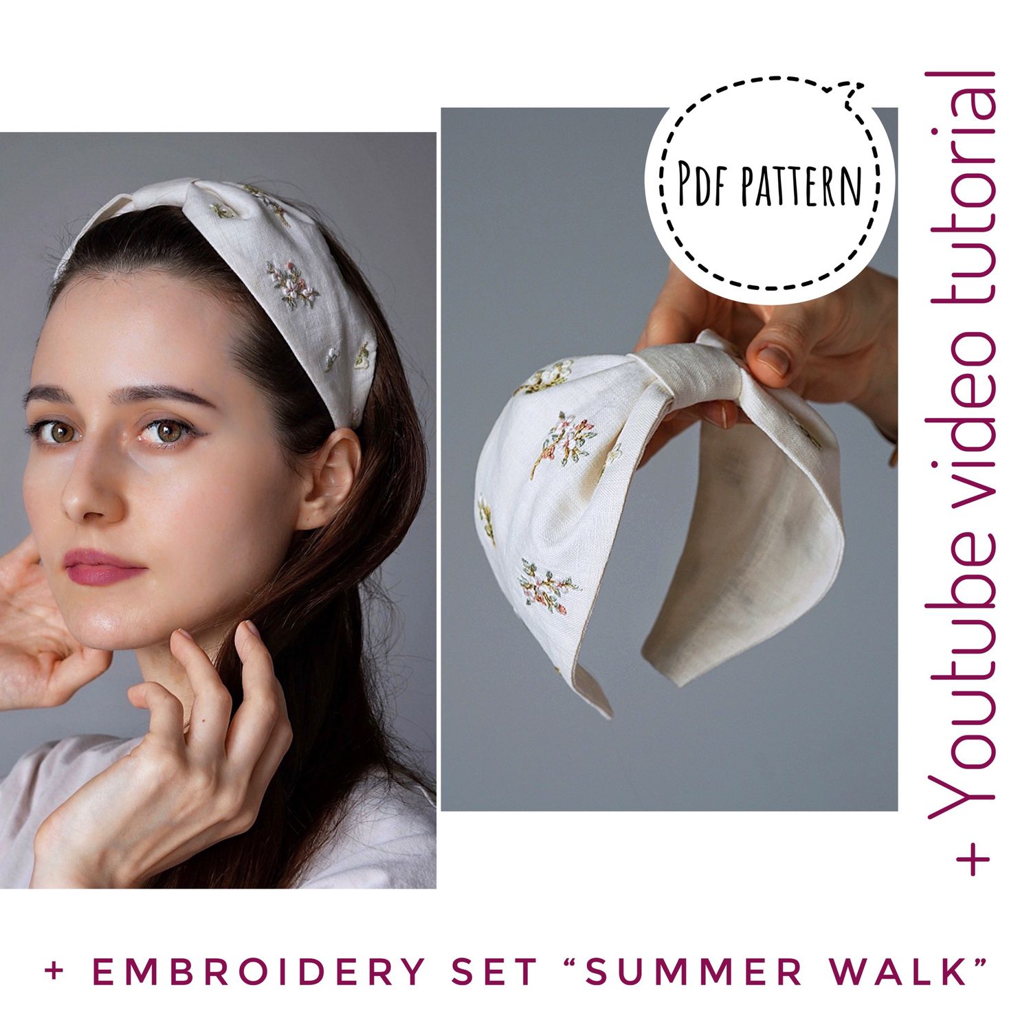 Headband &quot;Summer walk&quot; | headband pattern + embroidery patterns + 2 video tutorials