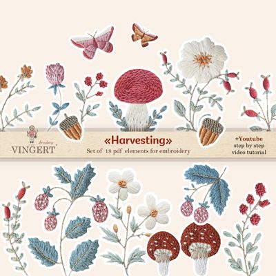 &quot;Harvesting&quot; set of embroidery patterns | 18 elements | video tutorial
