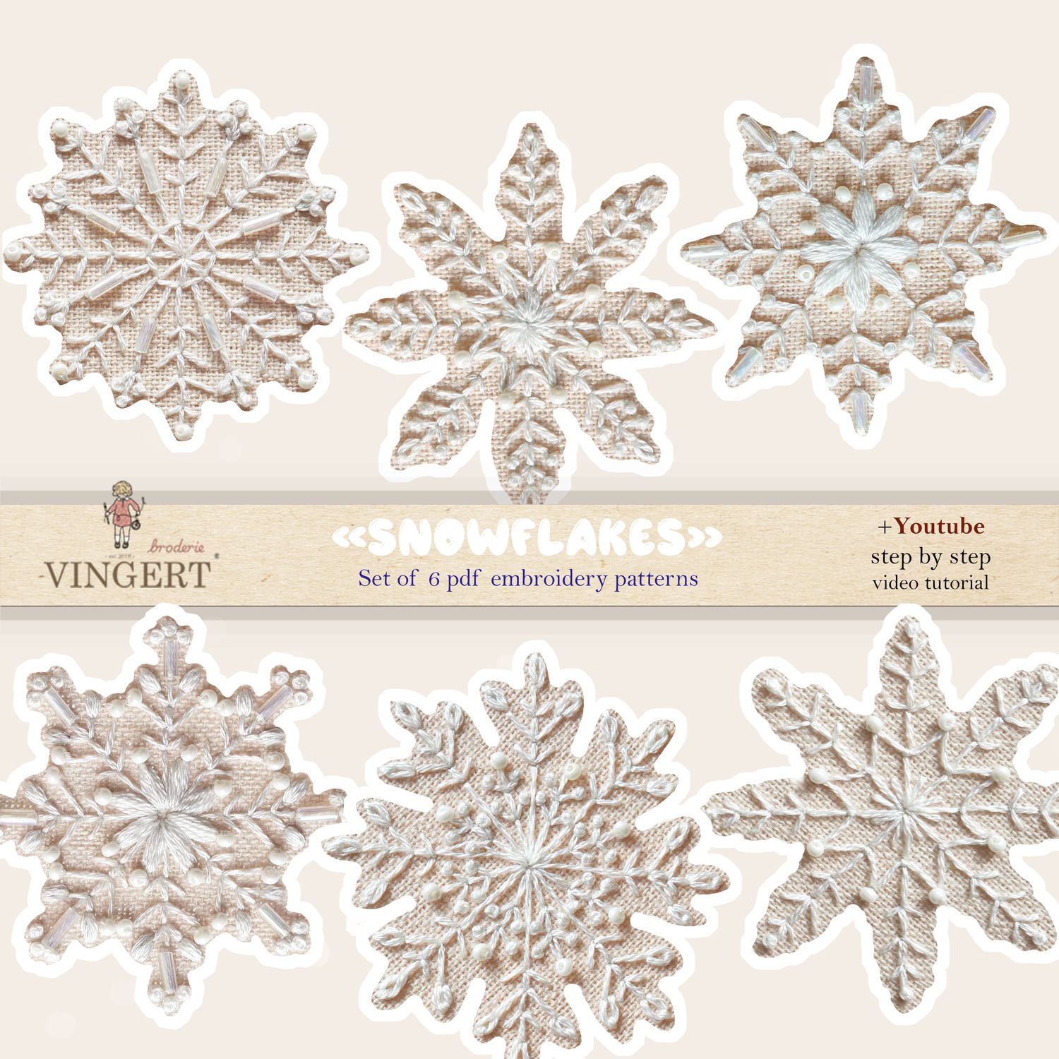 &quot;Snowflakes&quot; - 6 elements - 4 inch (10 cm) - PDF patterns for Christmas embroidery + video tutorial