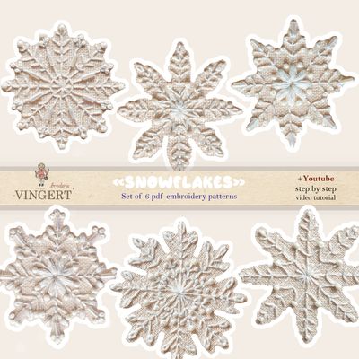 &quot;Snowflakes&quot; - 6 elements - 4 inch (10 cm) - PDF patterns for Christmas embroidery + video tutorial
