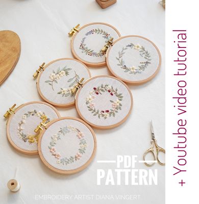 &quot;Forest jewels&quot; set of 6 embroidery patterns 10 cm + video tutorial