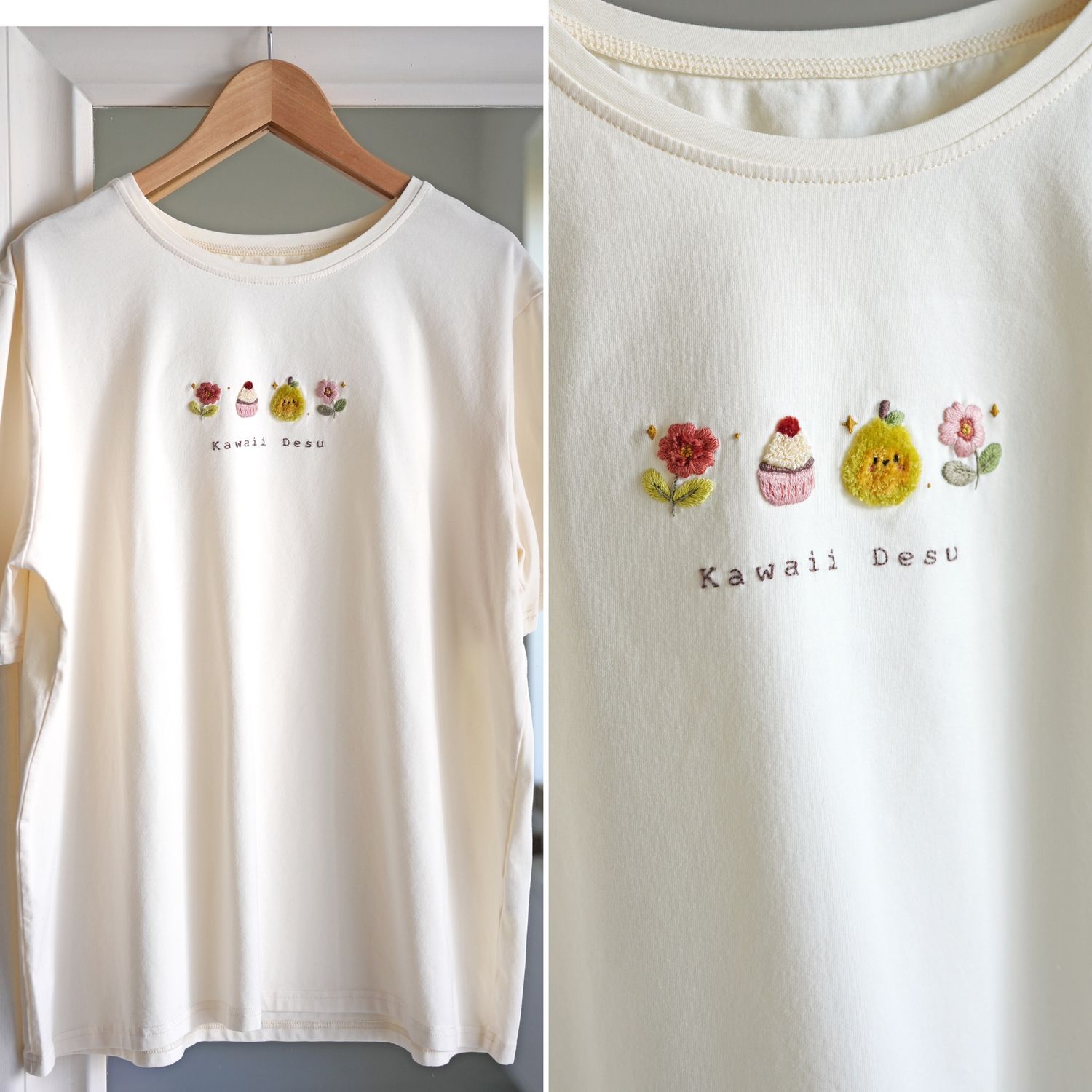 Hand Embroidered T-Shirt “kawaii pear and her friends”