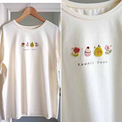 Hand Embroidered T-Shirt “kawaii pear and her friends”