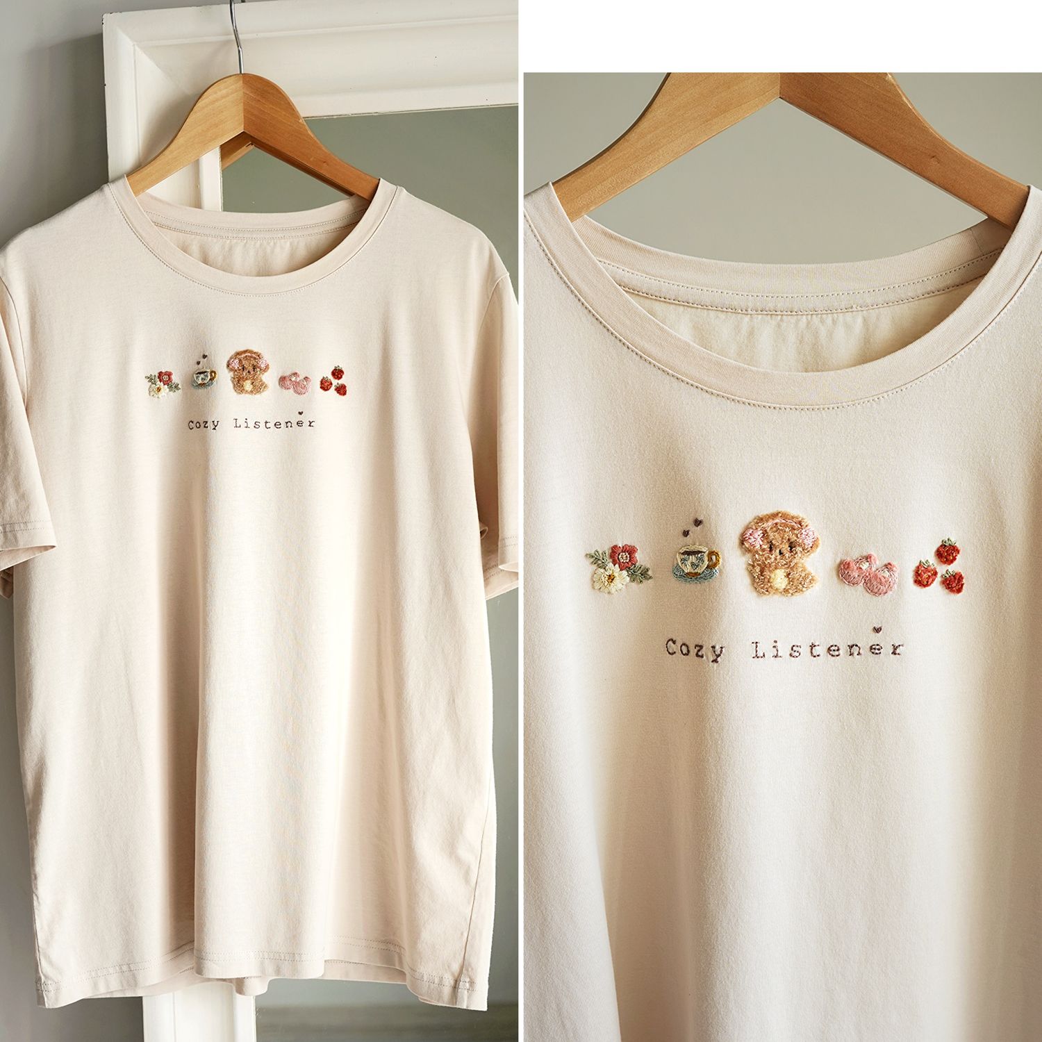Hand Embroidered T-Shirt “Cozy Listener” Color Latte