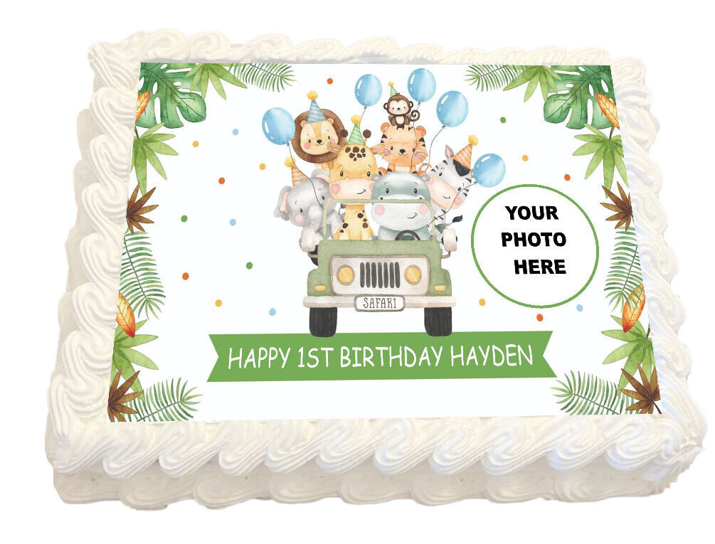 Safari Cute Animals Personalised Real Icing Cake Topper with PHOTO