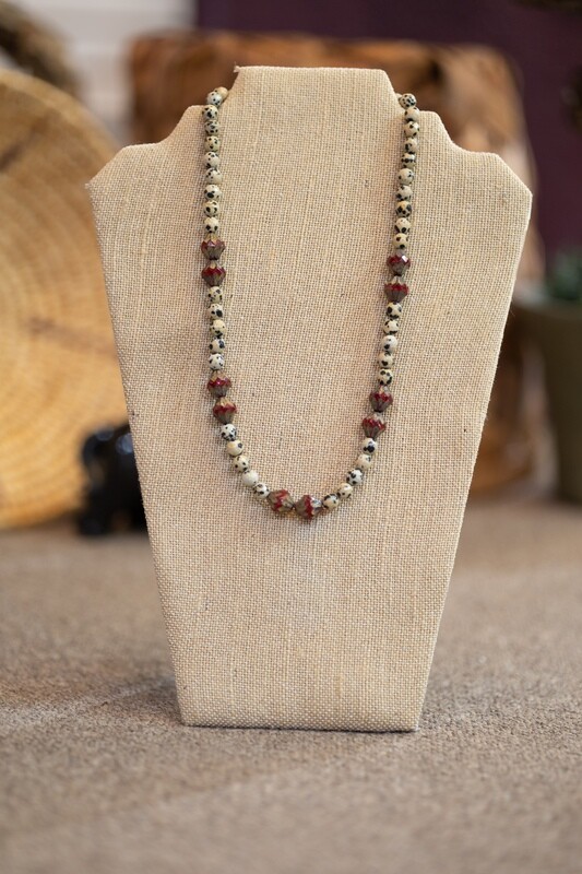 Inspired by Cruella-Dalmation Jasper &amp; red Czech glass beads 21.5&quot;
