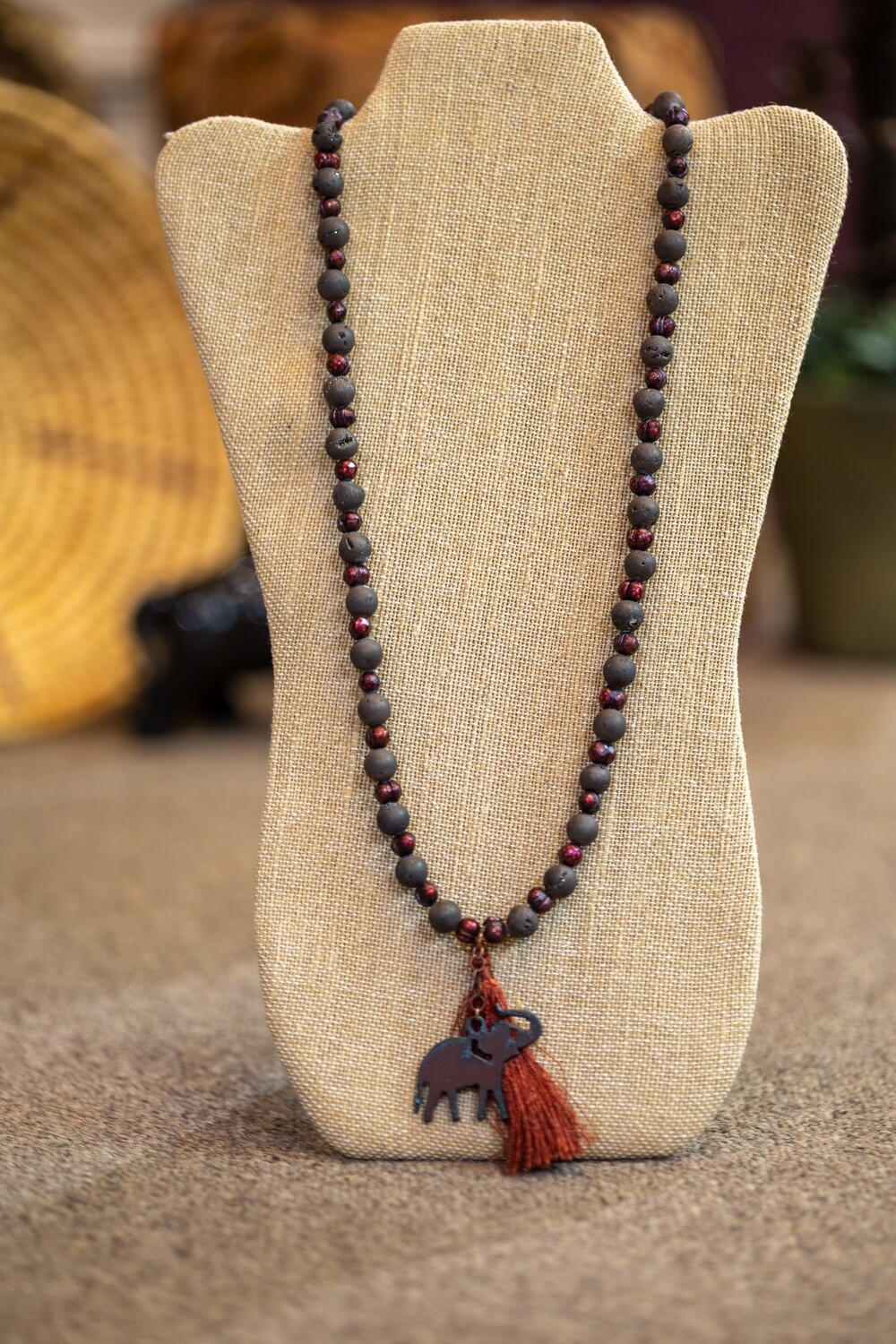 Mahogany Elephant Necklace 28"-Faceted Pearls and Druzy