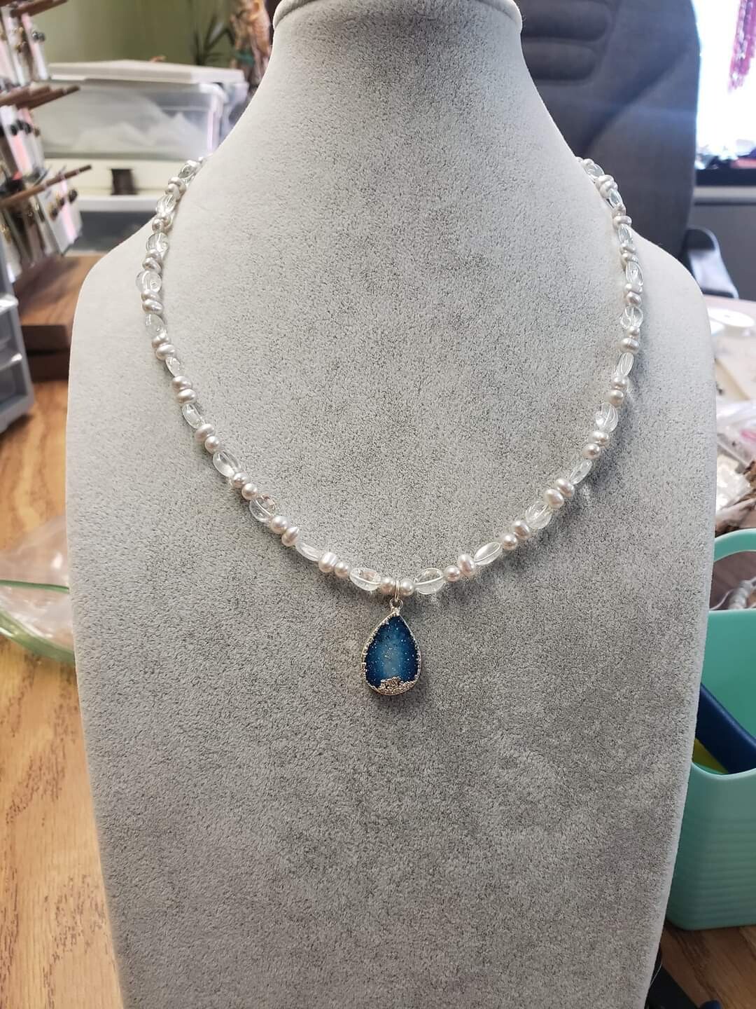 Aquamarine March necklace-Aquamarine, pearls and Druzy pendant 19.25"