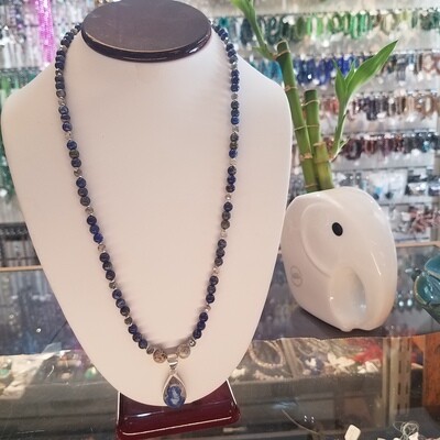 Blue Cobra Jasper SS pendant and Lapis/Silverite Necklace 23.5" 