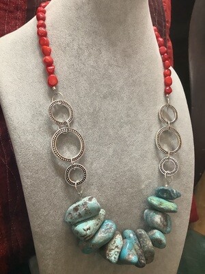 5148 Coral and Turquoise Chunky Necklace 22"