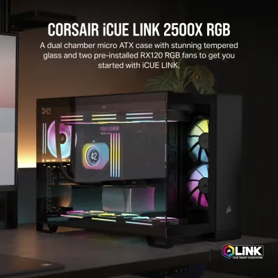 2500X RGB Micro ATX Black Dual Chamber PC Case; 2x 3.5&#39;&#39; |  2x 2.5&#39;&#39; Drive Bays; Up to 360mm Radiator; 2x 120mm fan incl