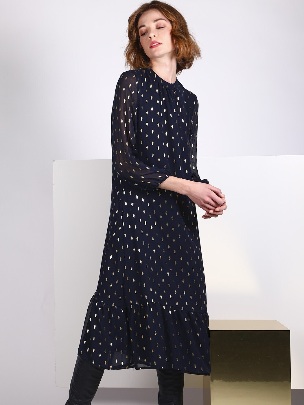 VILAGALLO Luna Dress Navy Gold Pl