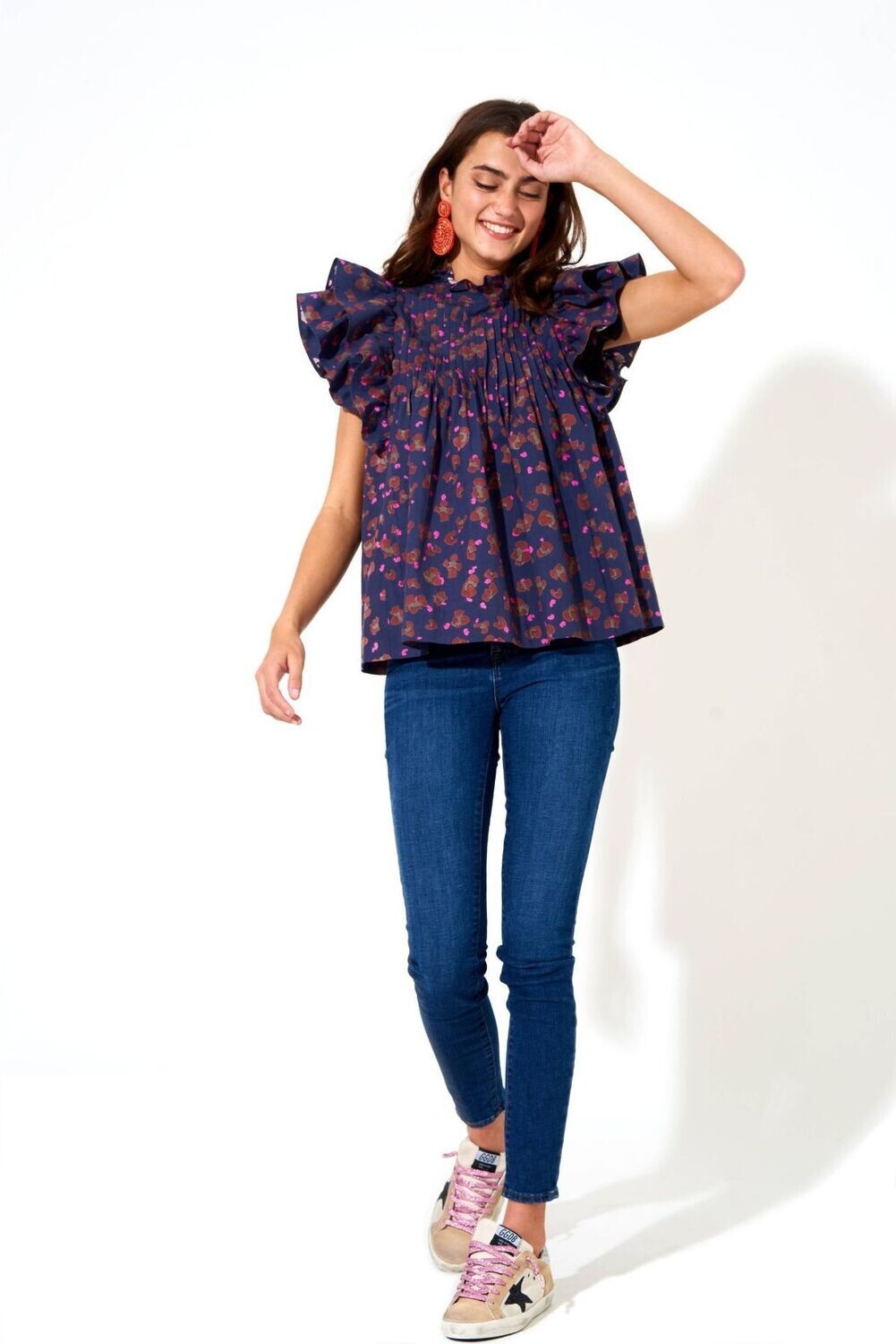 OLIPHANT Pintuck Ruffle Top (Navy Leopard)