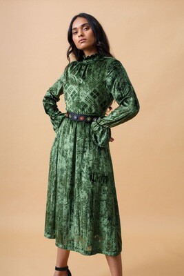 EMILY LOVELOCK Ruffled Neck Dress (Green Velvet)