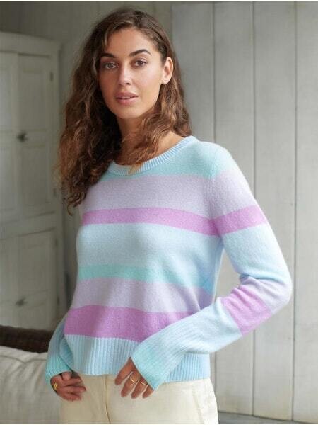 WHITE+WARREN Striped Shrunken Crew Rainbow