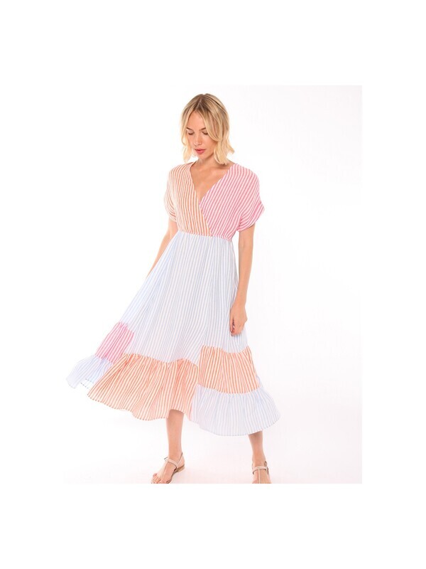 VILAGALLO Libby Dress Blue Linen Stripe