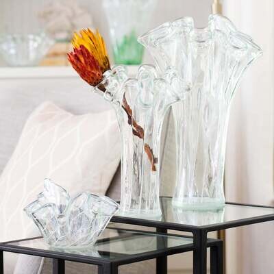 VIETRI Onda Glass Clear w/ White Lines Tall Vase