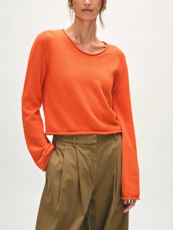 WHITE+WARREN Organic Cotton Roll Trim Crew Orange