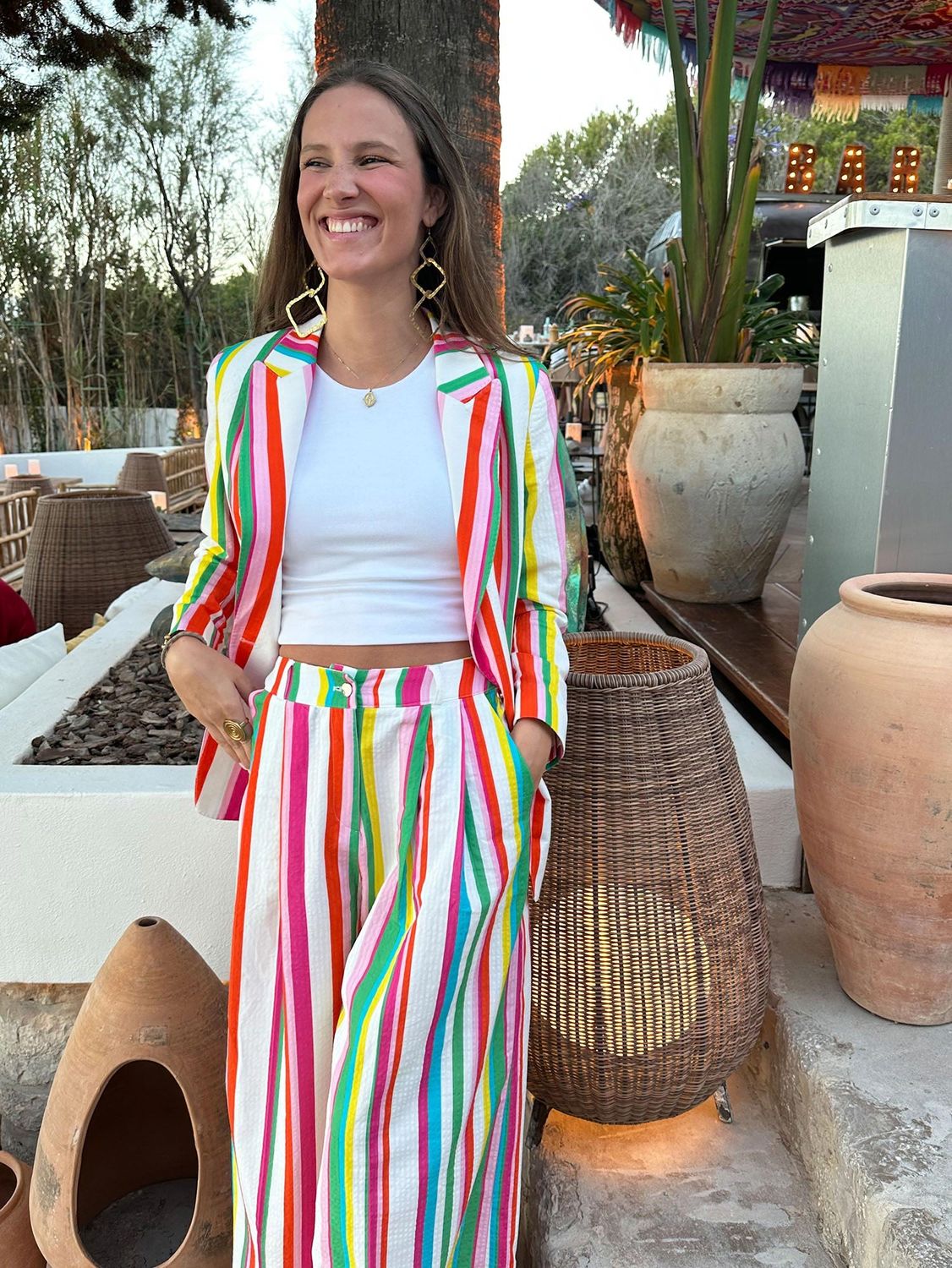 VILAGALLO Seersucker palazzo pantalon