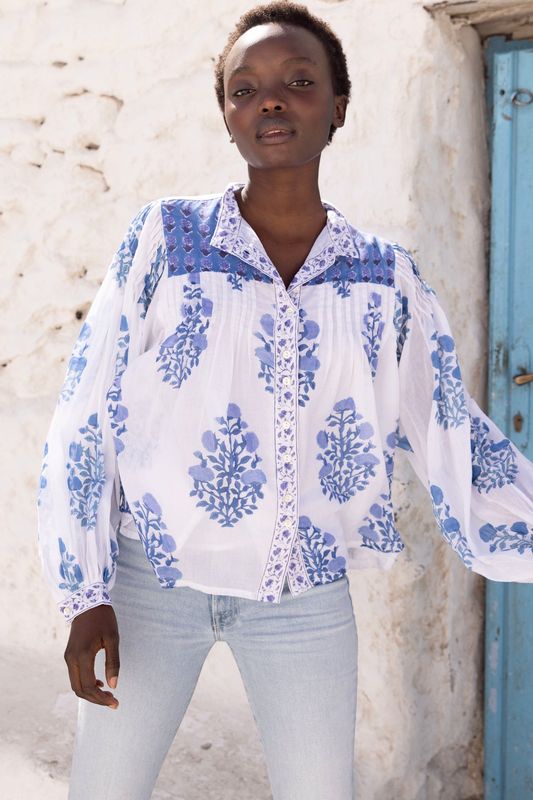 OLIPHANT Mandarin Pintuck Blouse Salvia Blue