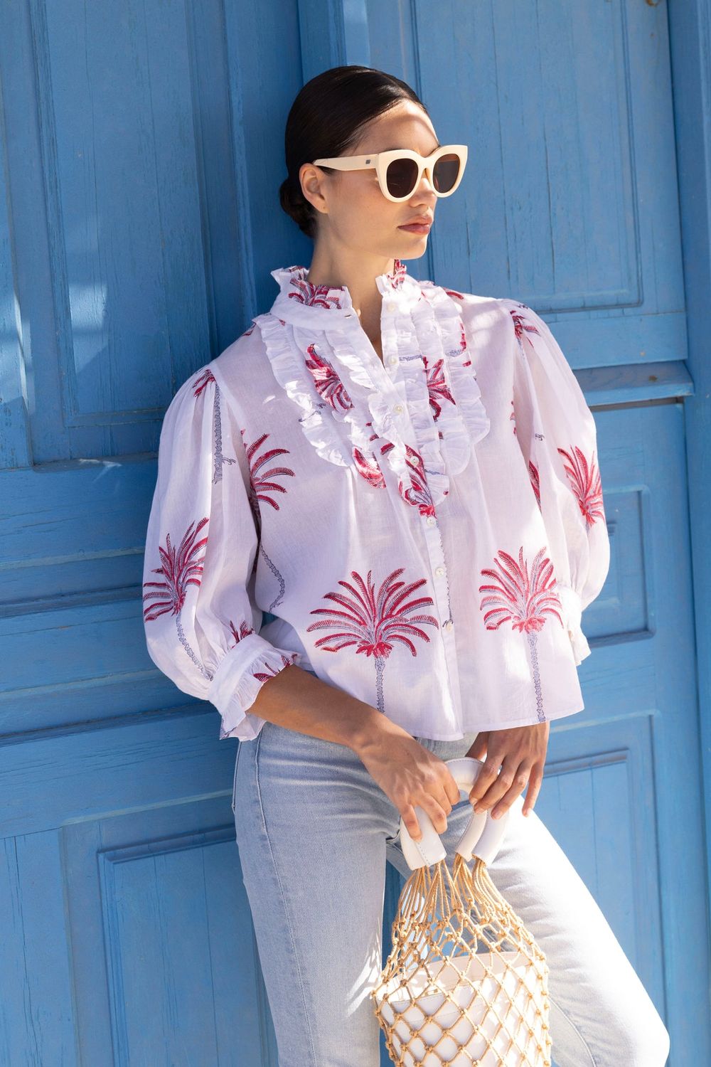 OLIPHANT Ruffle Front Button Blouse Coral