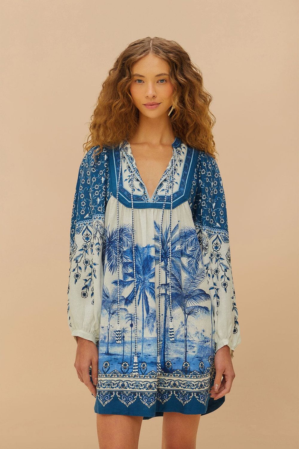 FARM RIO Palm Tree Beach Off White Mini Dress
