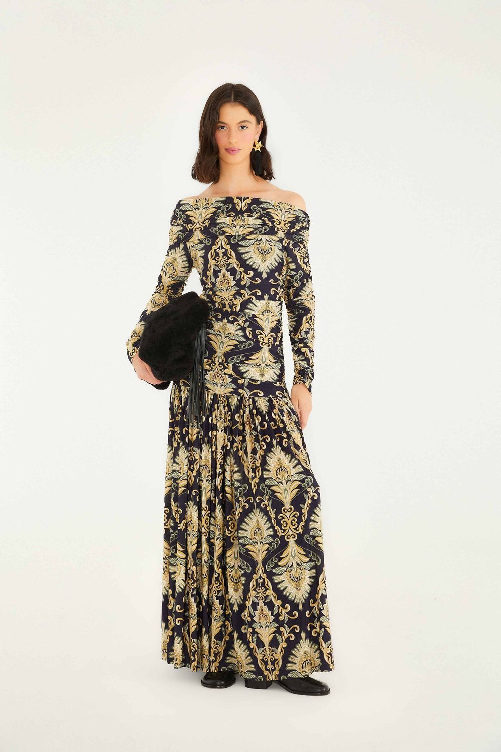 FARM RIO Arabesque Navy Off Shoulder Dress