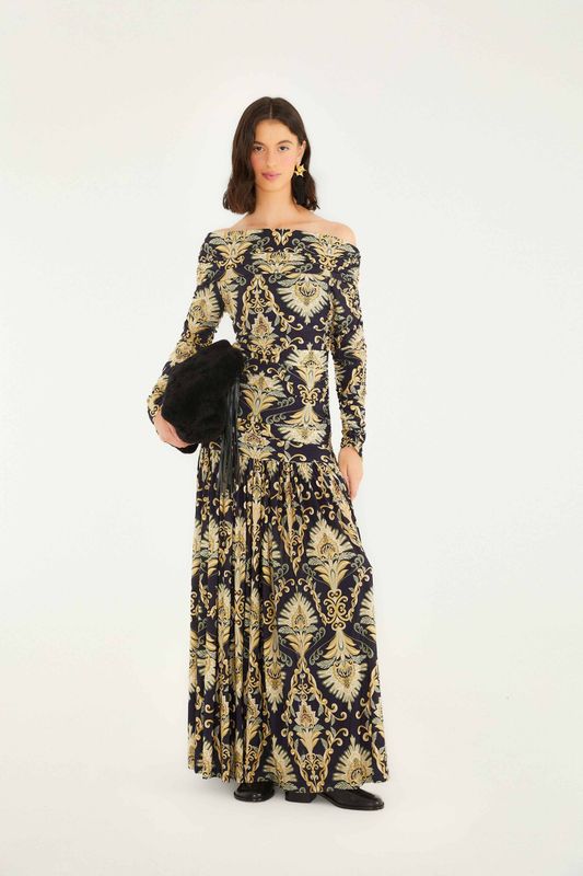 FARM RIO Arabesque Navy Off Shoulder Dress