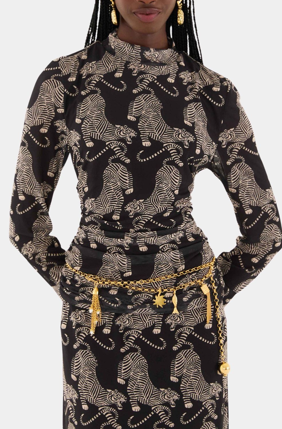 FARM RIO Striped Tiger Black Tulle Blouse