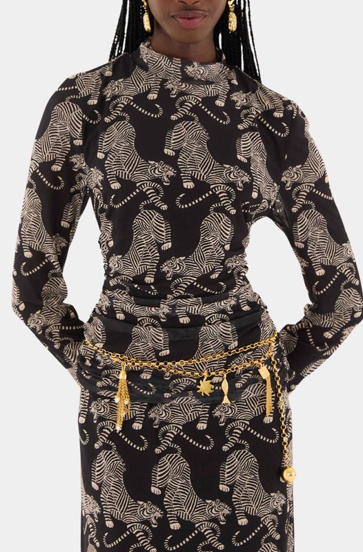 FARM RIO Striped Tiger Black Tulle Blouse
