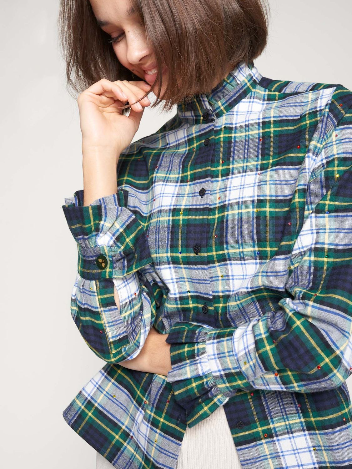 VILAGALLO Green Plaid Rhinestone shirt