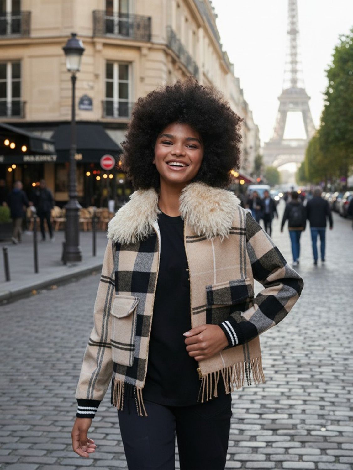 VILAGALLO Camel check bomber jacket with fringe