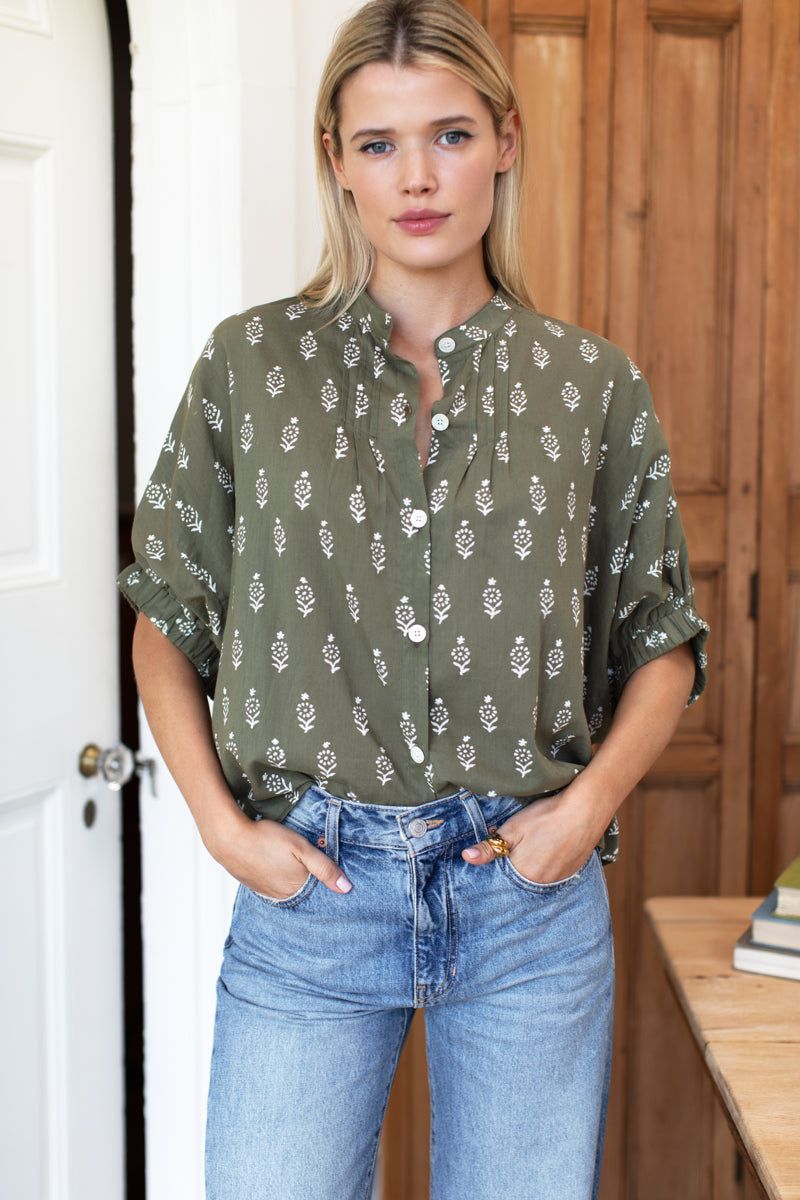 EMERSON FRY Mandarin collar top Marguerite olive