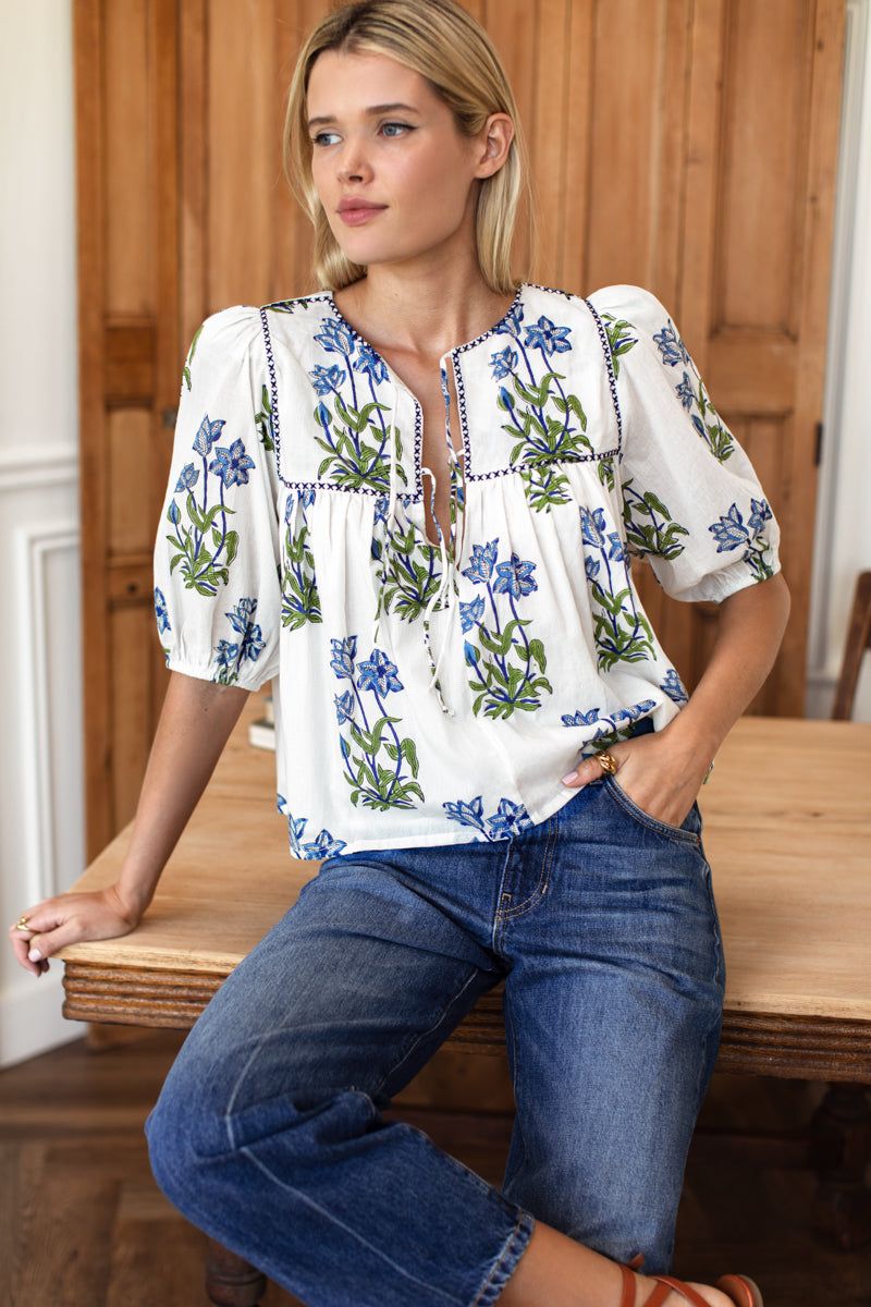 EMERSON FRY Puff Isla Top Blue Clematis Embroidery EMERSON FRY Puff Isla Top Blue Clematis Embroidery