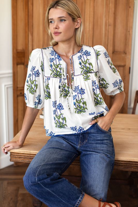 EMERSON FRY Puff Isla Top Blue Clematis Embroidery EMERSON FRY Puff Isla Top Blue Clematis Embroidery