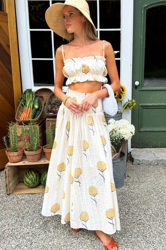 EMERSON FRY smocked maxi skirt fan flower marigold