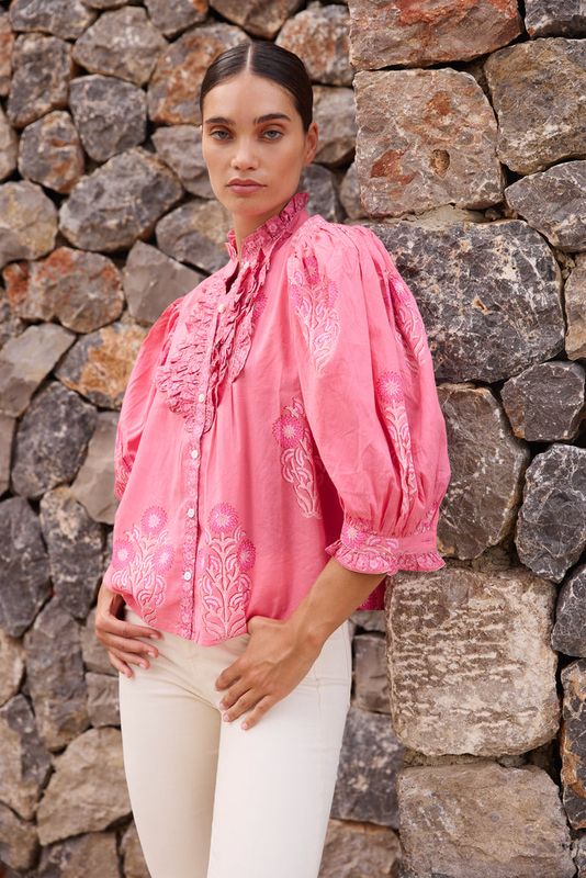 OLIPHANT Ruffle Front Button Blouse Raton Pink
