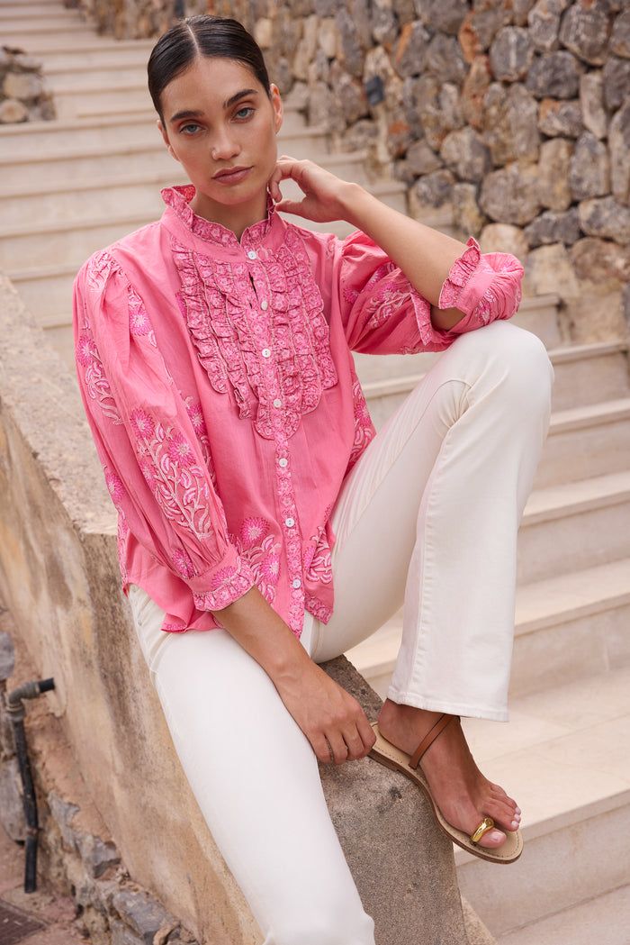 OLIPHANT Ruffle Front Button Blouse Raton Pink