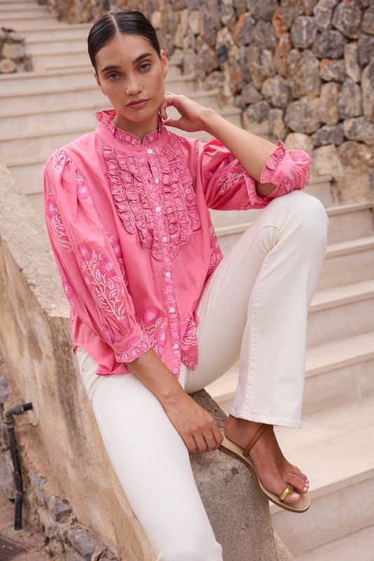 OLIPHANT Ruffle Front Button Blouse Raton Pink