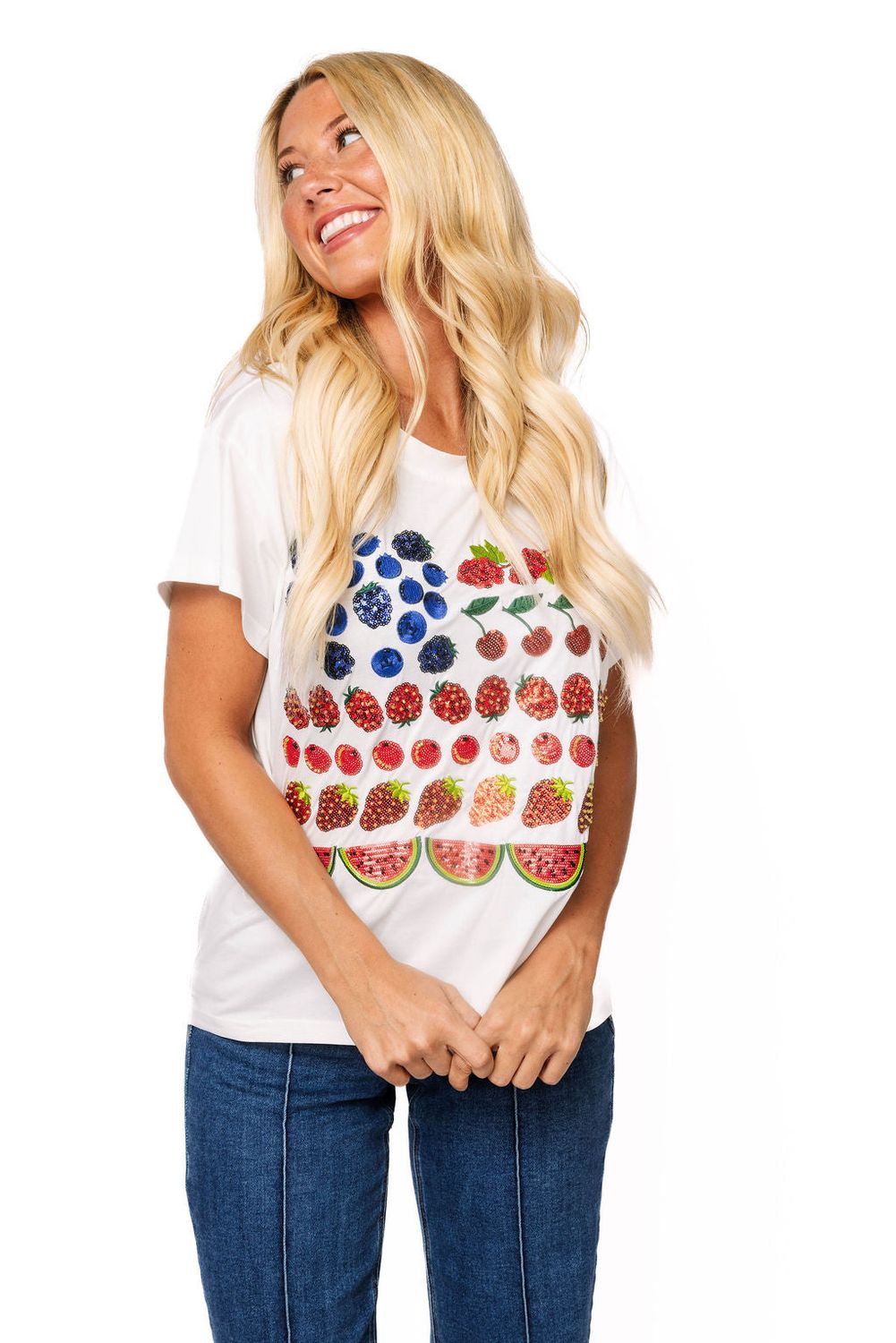 QUEEN OF SPARKLES White Fruit USA Flag Tee