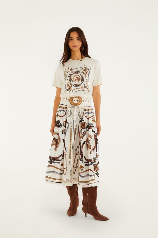 FARM RIO Equestrian Scarf Winter White Midi Skirt
