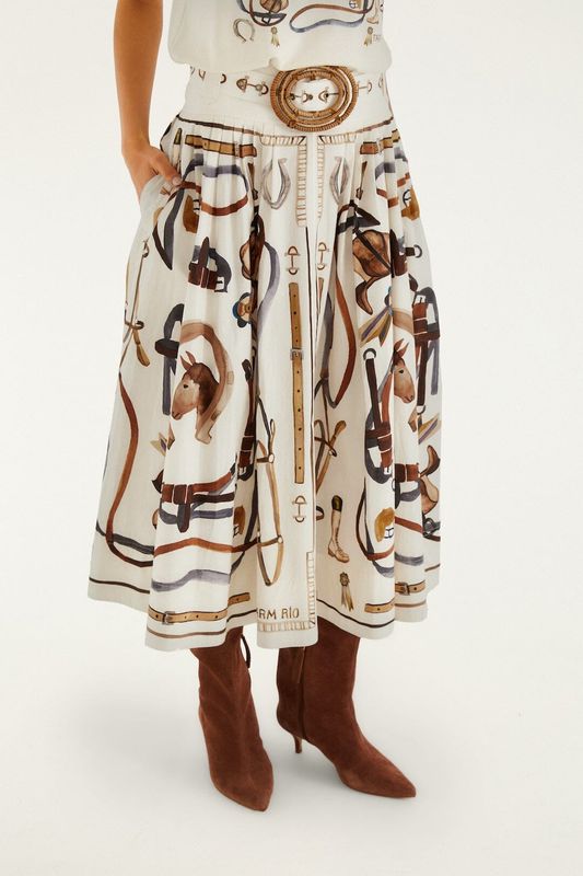 FARM RIO Equestrian Scarf Winter White Midi Skirt FARM RIO Equestrian Scarf Winter White Midi Skirt